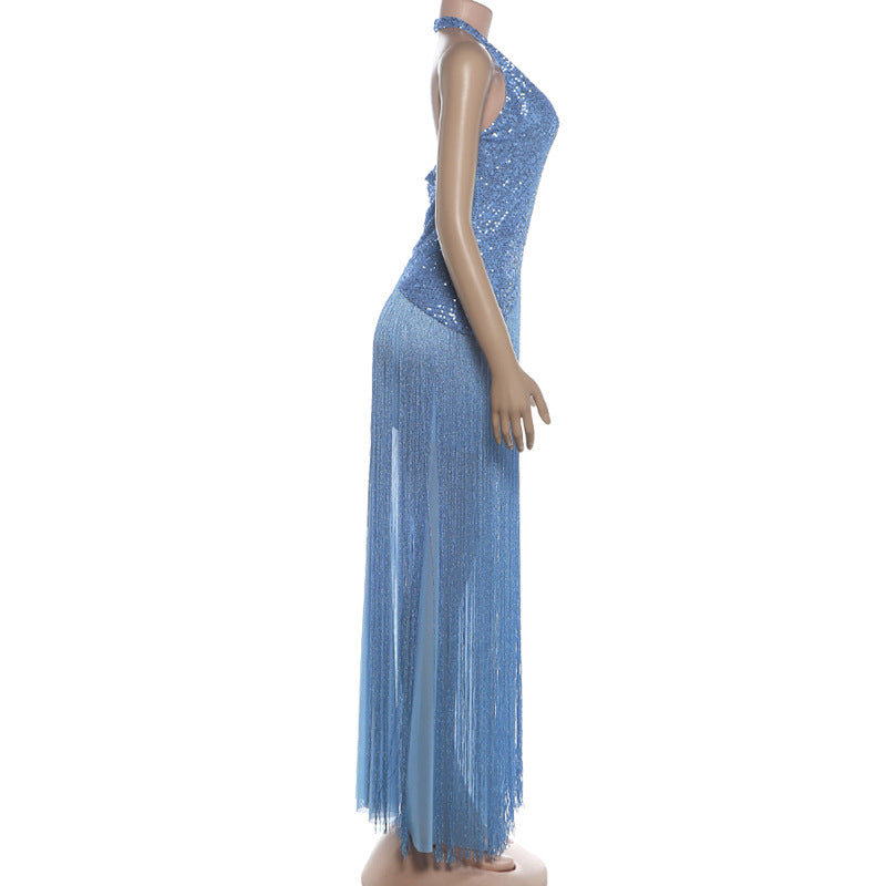 Women's Sequin Fringe Halter Maxi Dress – Sexy Backless Bodycon Formal Dress