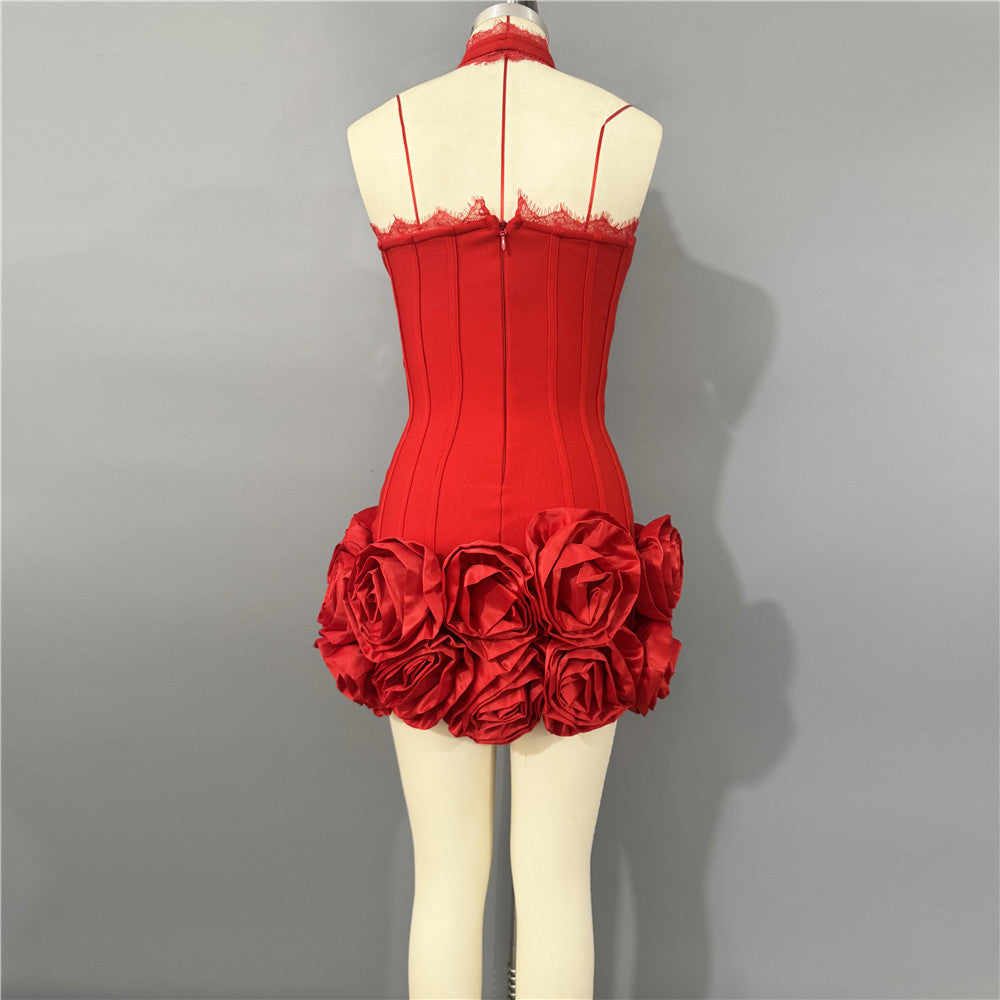 Red Floral Bandage Mini Dress: Halter Backless Lace Trim