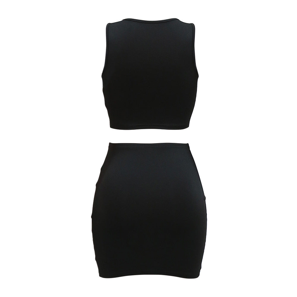 Women’s Sleeveless Crop Top & Mini Skirt Set – Graphic Rhinestone Summer Two-Piece Outfit