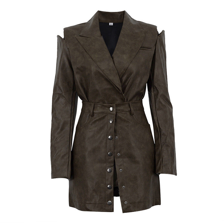 Retro Cutout Faux Leather Two-Piece Suit