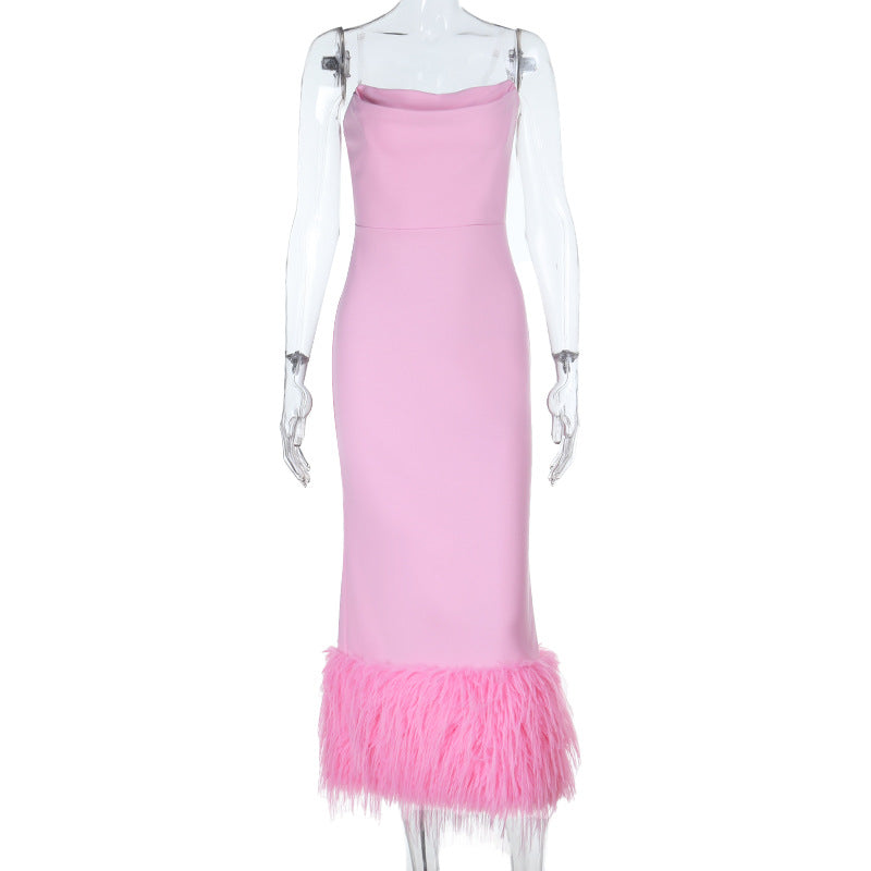 Elegant Feather-Trimmed Maxi Dress