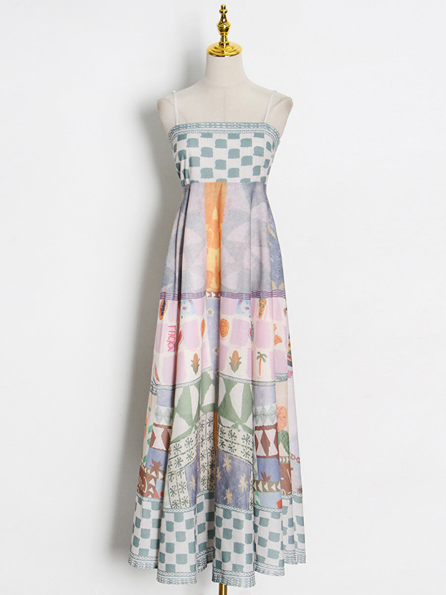 Geometric Print Spaghetti Strap Maxi Dress - High Waist A-Line Boho Vacation Dress