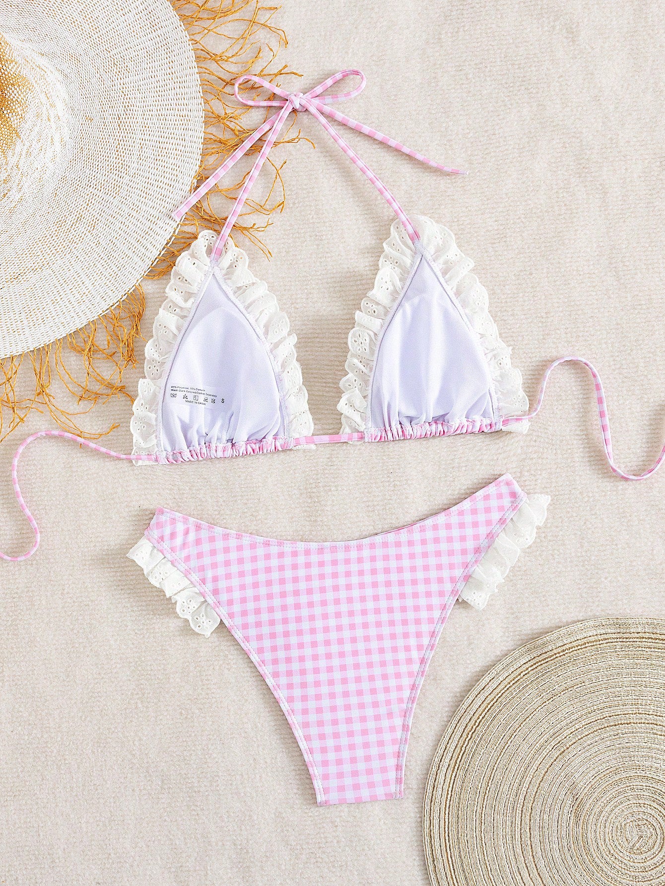 Lace Plaid Halter Bikini Set - Flounced Two Piece Swimsuit