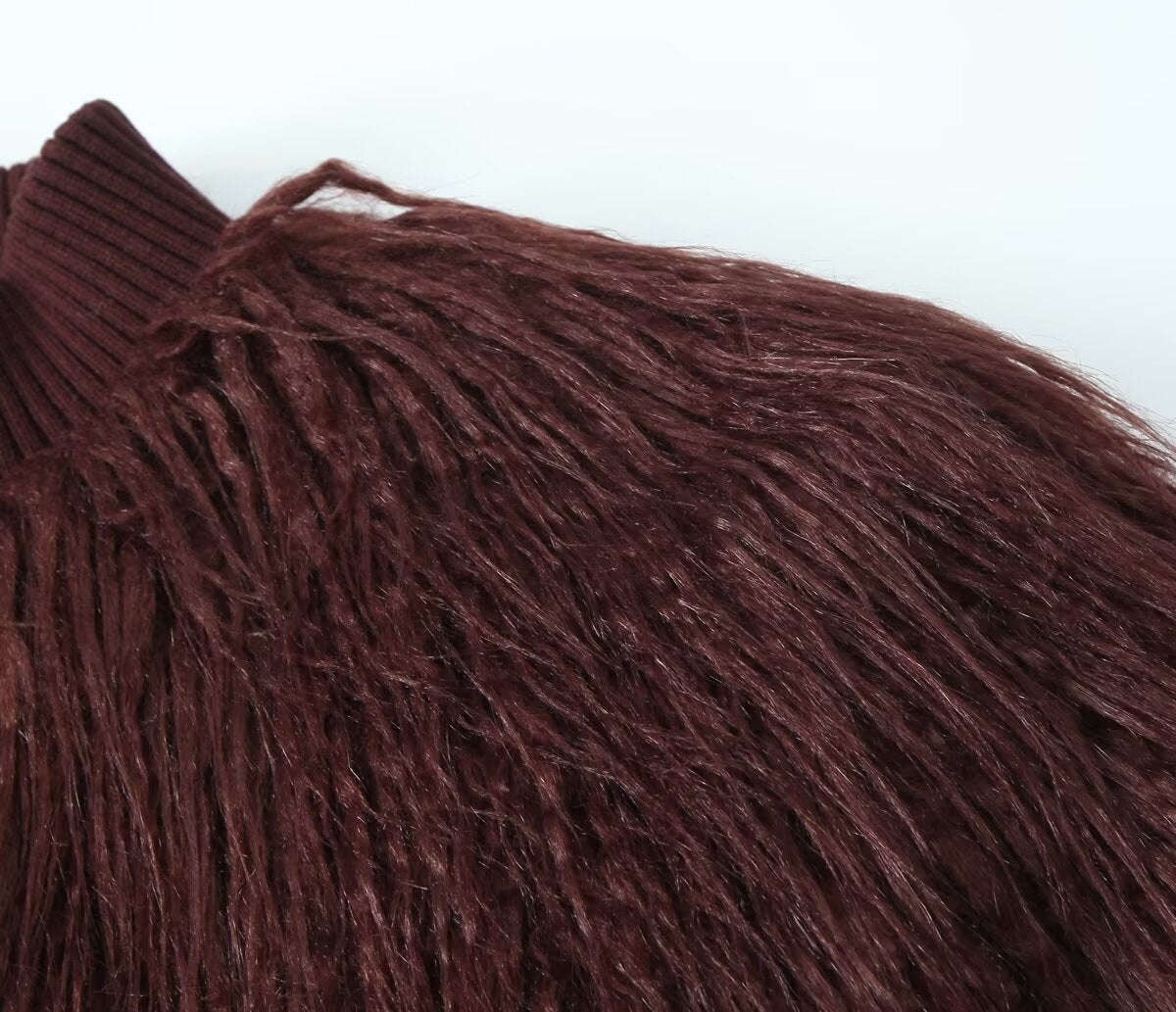 Burgundy Faux Fur Knit Coat: Retro Look Teddy Bear Sweater Jacket