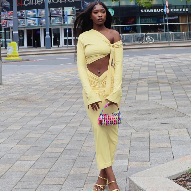 One Shoulder Asymmetric Crop Top & Midi Skirt Set | Ruched Long Sleeve Two-Piece Set | Yellow | Sizes S-L