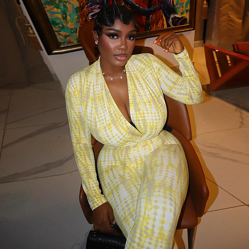 Women’s Yellow & White Printed Pleated Jumpsuit – Slim Fit V-Neck Long Sleeve, Full Length