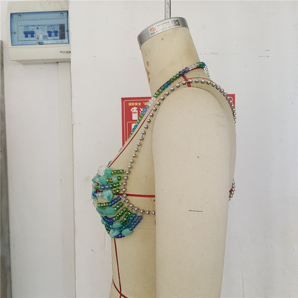 Turquoise Beaded Halter Crop Top - Chain Detail Color Block Festival Top