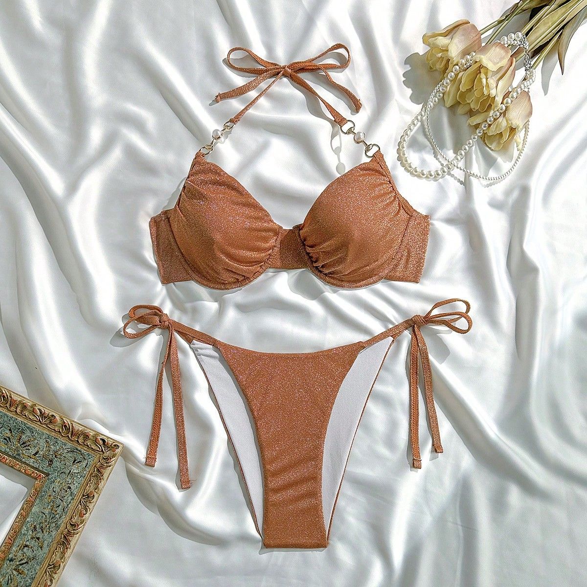 Beaded Halter Bikini Set0 Solid Color Two Piece Swimsuit