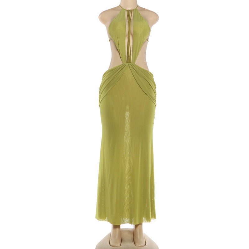 Green Mesh Halter Maxi Dress - Backless Cutout Ruched Bodycon Party Dress