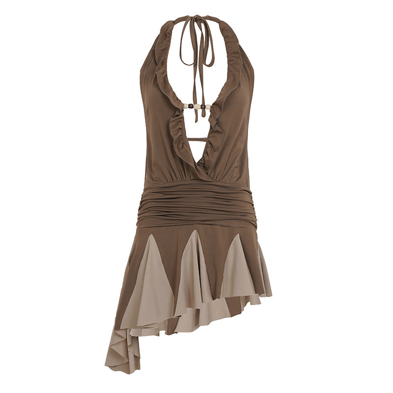 Brown Halter Ruffle Dress - Backless Asymmetric Pleated Mini Dress