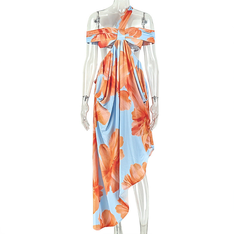 Floral Asymmetric Cutout Backless Maxi Dress | Sleeveless Ruched Vacation Maxi Dress | Sizes S-L