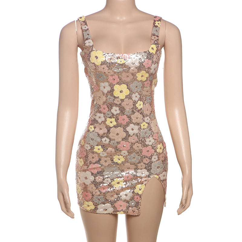 Sexy Sequin Split Mini Dress - Square Neck Bodycon for Club