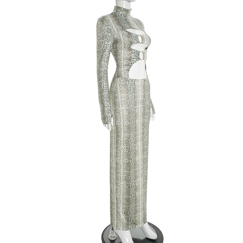 Women’s Snake Print Cutout Maxi Dress – Slim Fit Bodycon Long Sleeve Ring Detail Party Dress