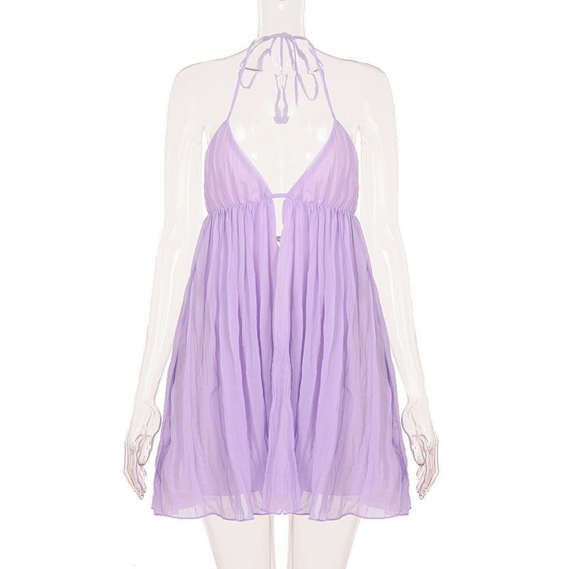 Halter Backless Ruched Mini Dress | Cutout Tie A-Line Vacation Dress | Purple