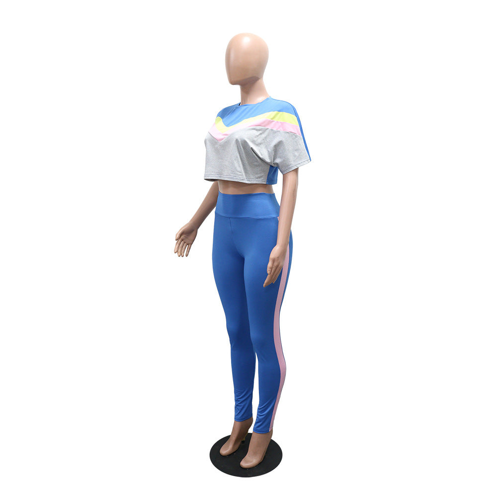 Women's Color Block Two-Piece Set – Crew Neck Top & High Waist Pants