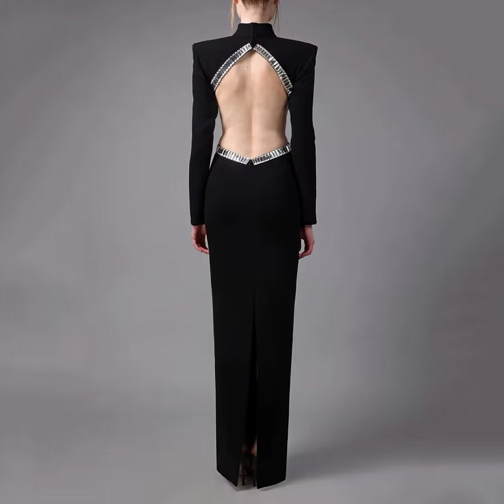 Rhinestone Cutout Bandage Dress: Long Sleeve Hollow-Out Bodycon