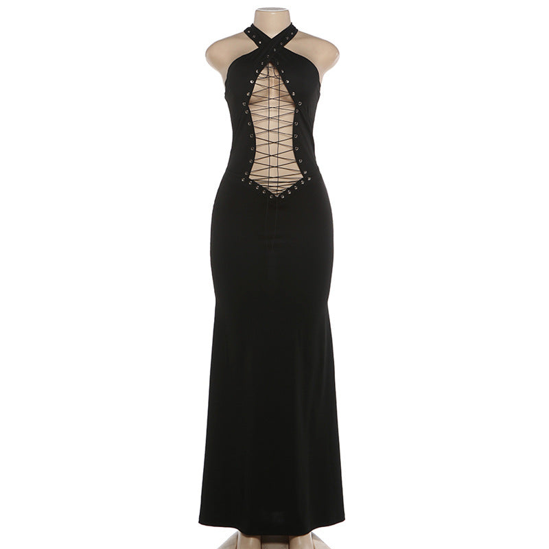 Black Halter Lace-Up Cutout Backless Maxi Dress - Cross Strap Bodycon Formal Dress