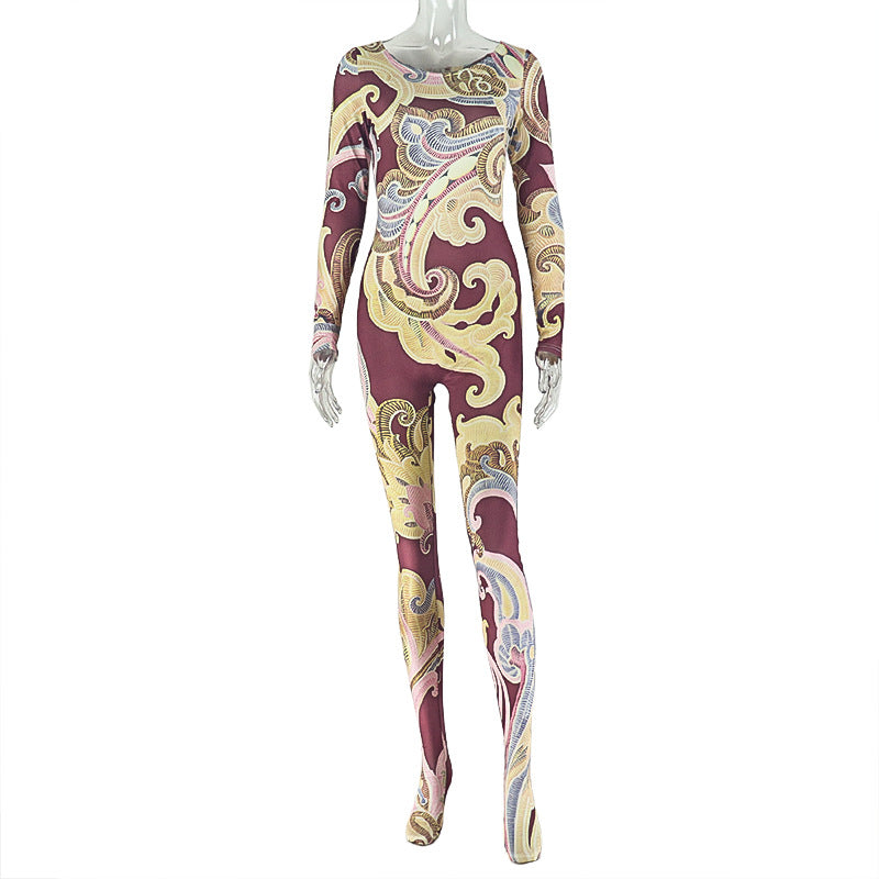 Women’s Printed Jumpsuit – Slim Fit Long Sleeve Crew Neck, Full Length