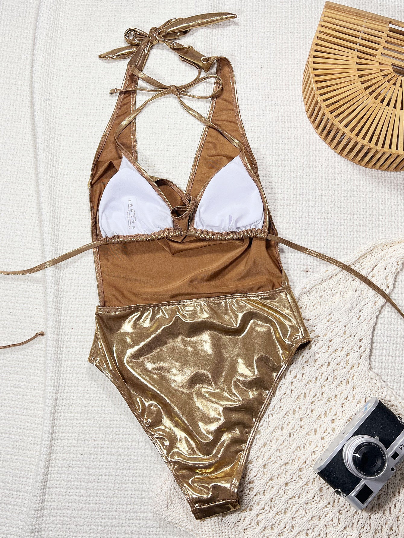 Gold Metallic Strap Tie One-Piece Swimsuit | Sleeveless Boho Vacation Swimwear | Gold | Sizes S-L