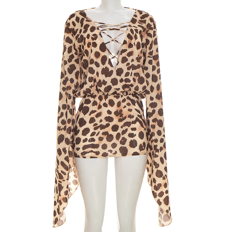 Leopard Print Deep V Lace-Up Cutout Ruched Mini Dress | Long Sleeve Backless Bodycon Dress | Sizes S-L