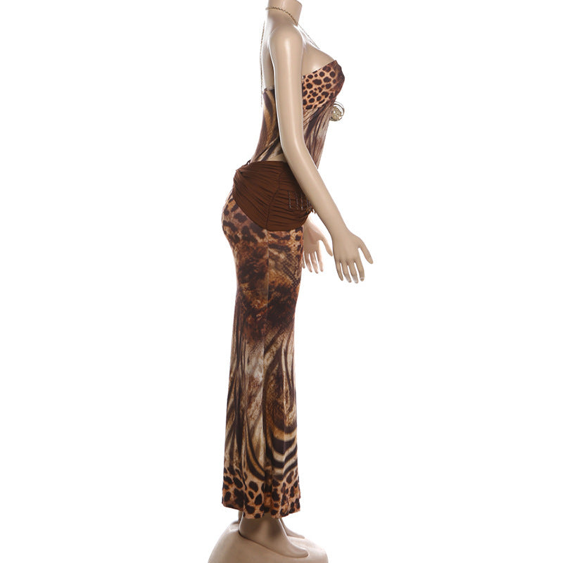 Brown Animal Print Chain Halter Bodysuit & Maxi Skirt Set - Twisted Ruched Fringe Cutout 2-Piece Set