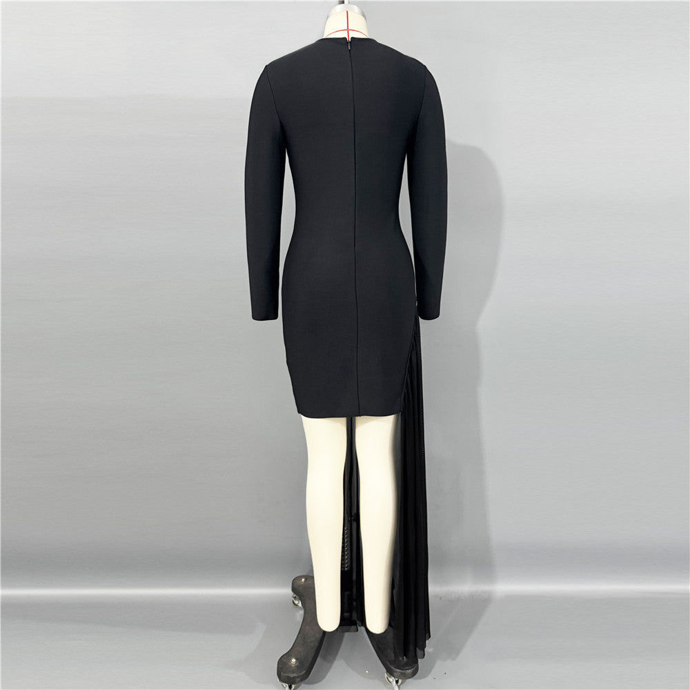'Diamond' Black Mesh Panel Bodycon Dress: Long Sleeve Sheath