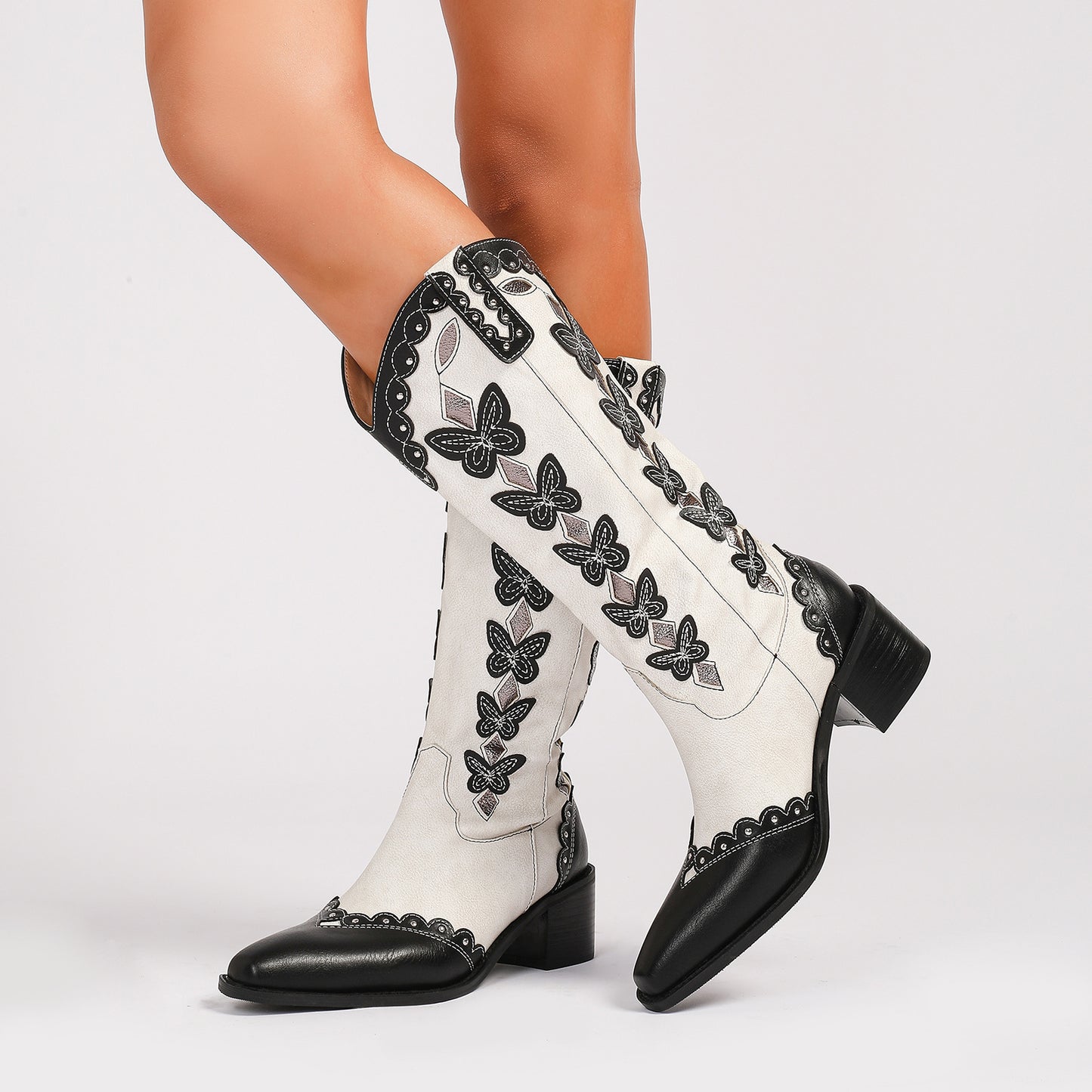 Chunky Heel Butterfly Denim Cowboy Boots
