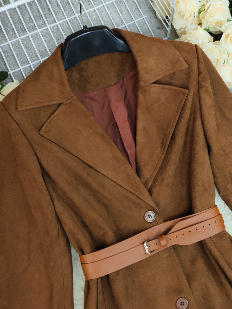 Women’s Loose Brown Long Sleeve Overcoat – Single-Breasted Belted Outerwear with Pockets