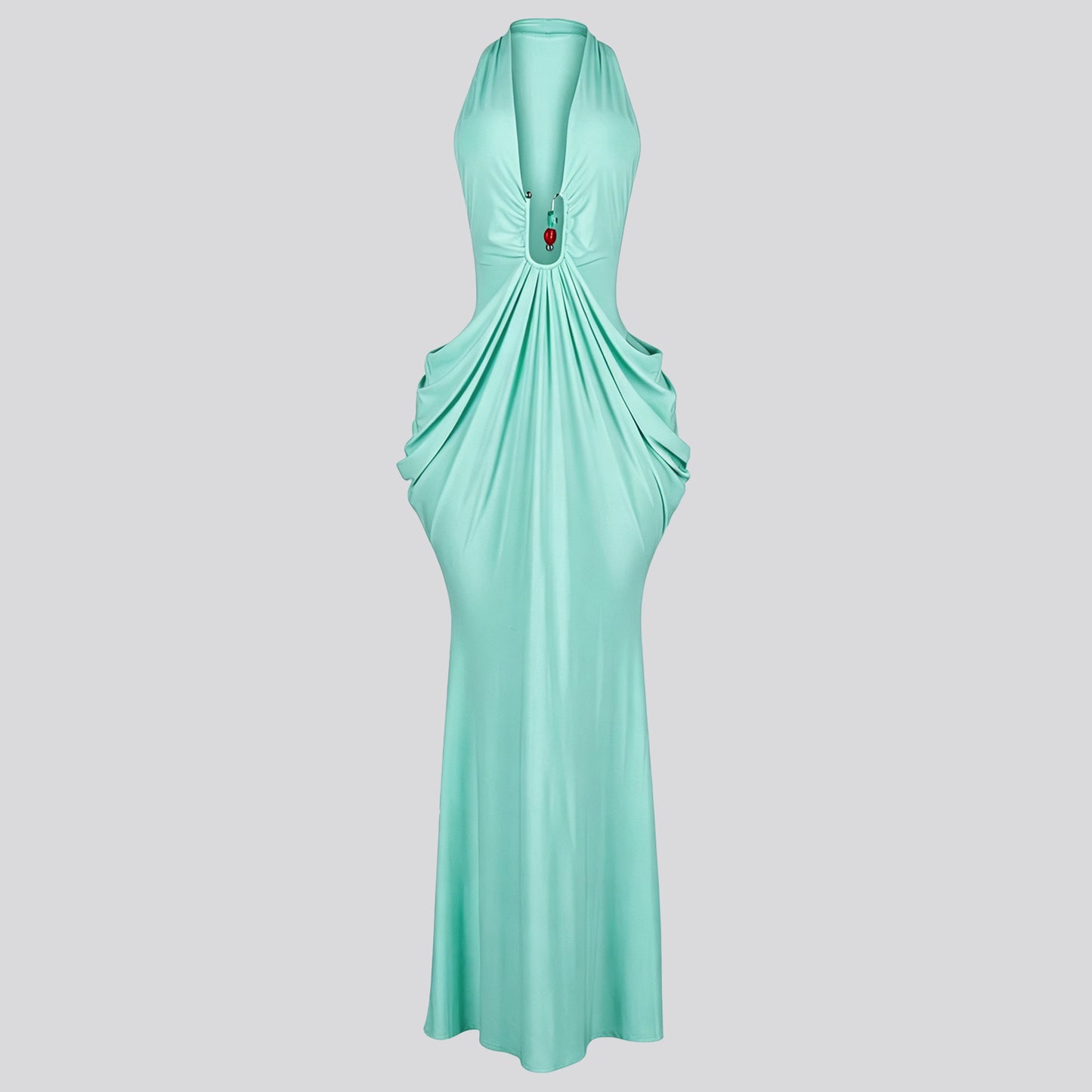 Women's Halter V-Neck Maxi Dress – Sexy Backless Lace-Up Ruched Bodycon Dress