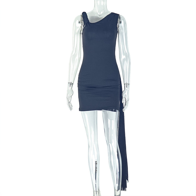 Black Asymmetrical Mini Dress: One-Shoulder Slim Fit Sheath