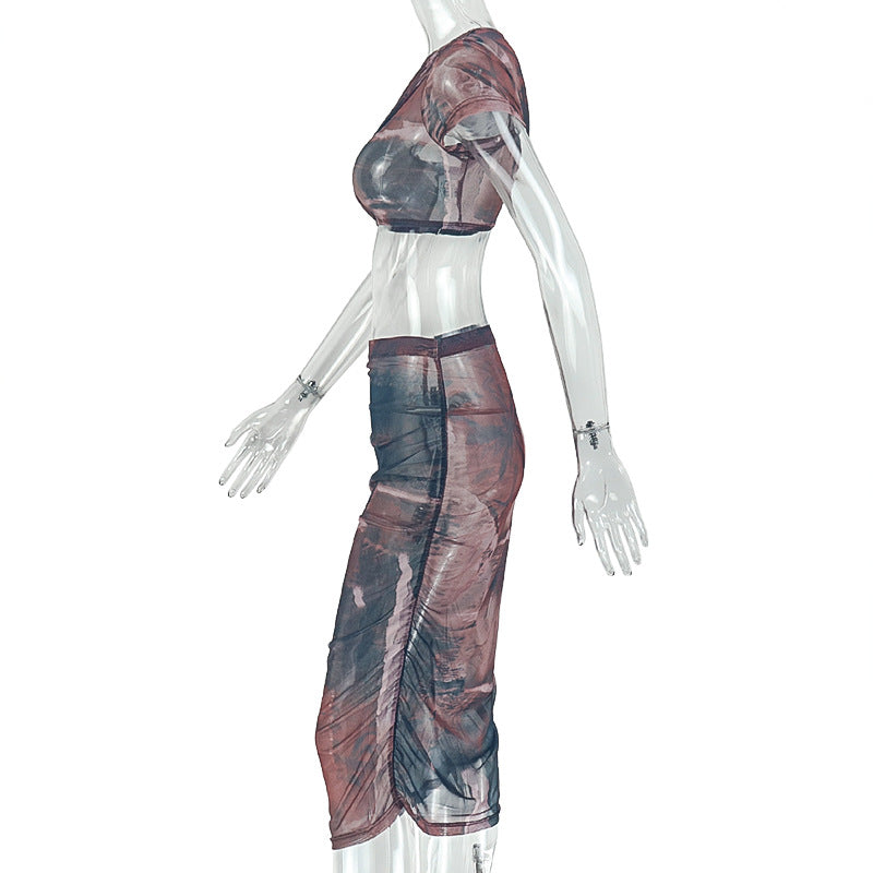 Abstract Print Crop Top & Midi Skirt Set - Short Sleeve Ruched Crew Neck 2-Piece Set