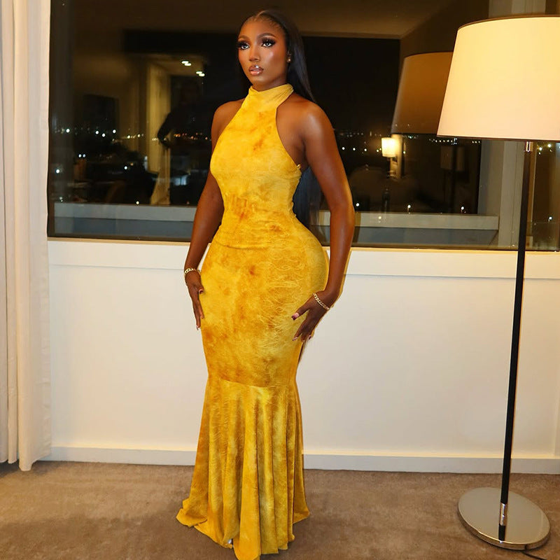 Yellow Backless Turtleneck Fishtail Dress: Slim Fit Sheath Maxi Gown