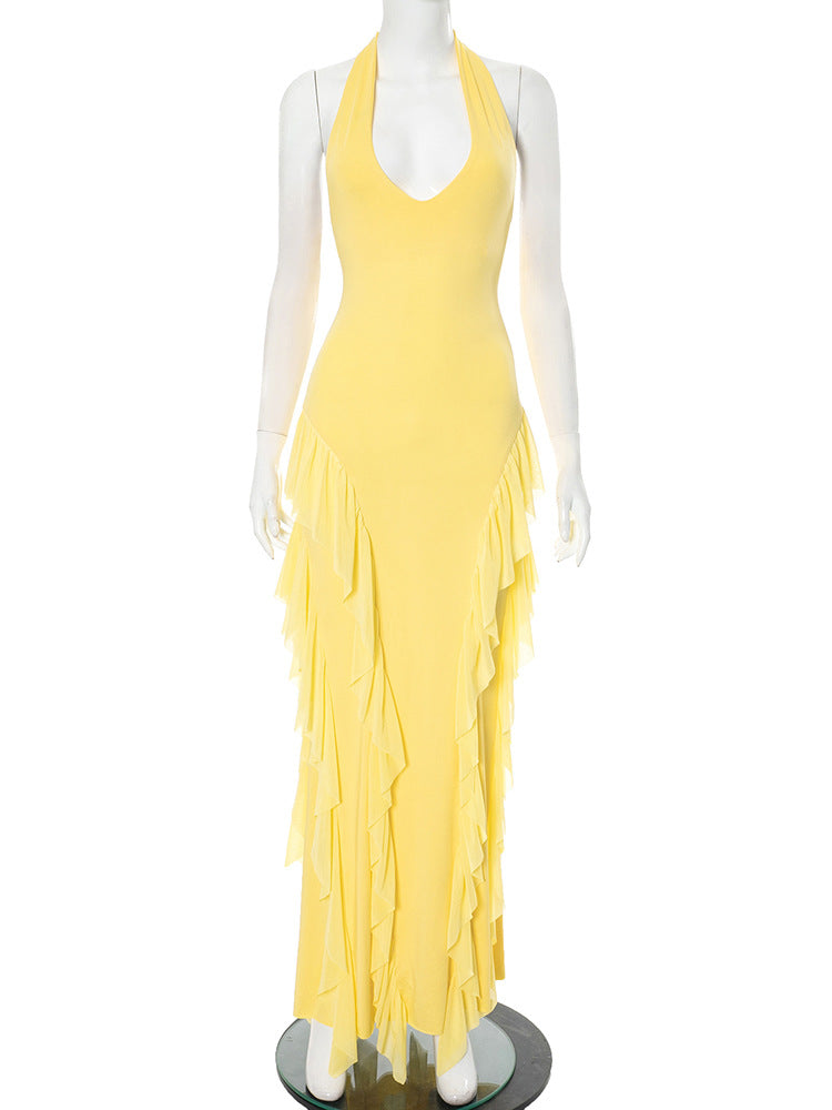 Backless Halter Maxi Dress: Sleeveless Ruffle Trim Lace-Up Detail