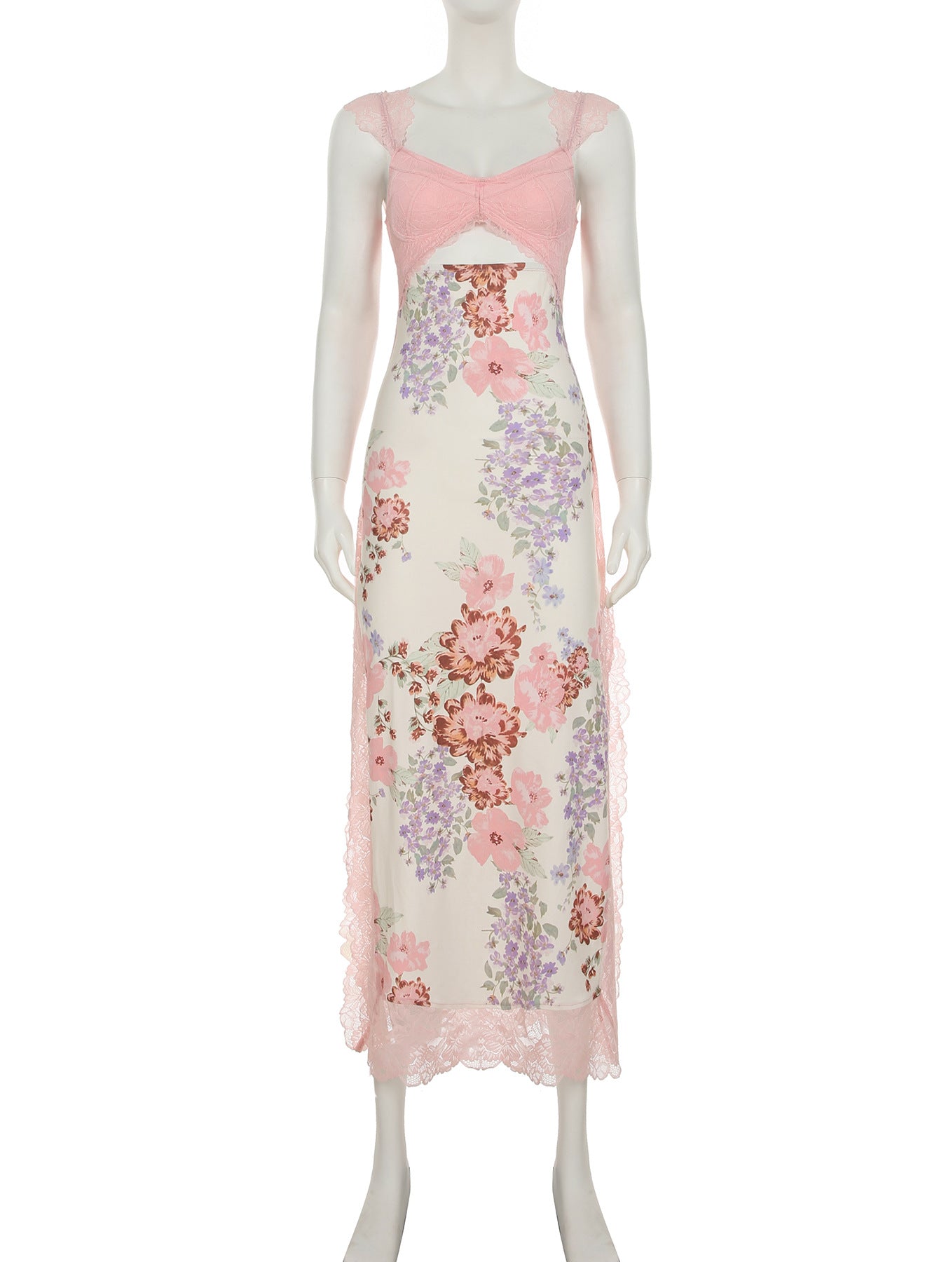 Pink Boho Cutout Maxi Dress - V-Neck Backless Floral Patchwork Vacation Dress