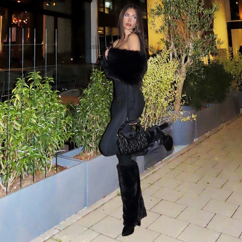 Women’s Off-the-Shoulder Slim Fit Jumpsuit – Long Sleeve Furry Patchwork Full-Length Party Outfit