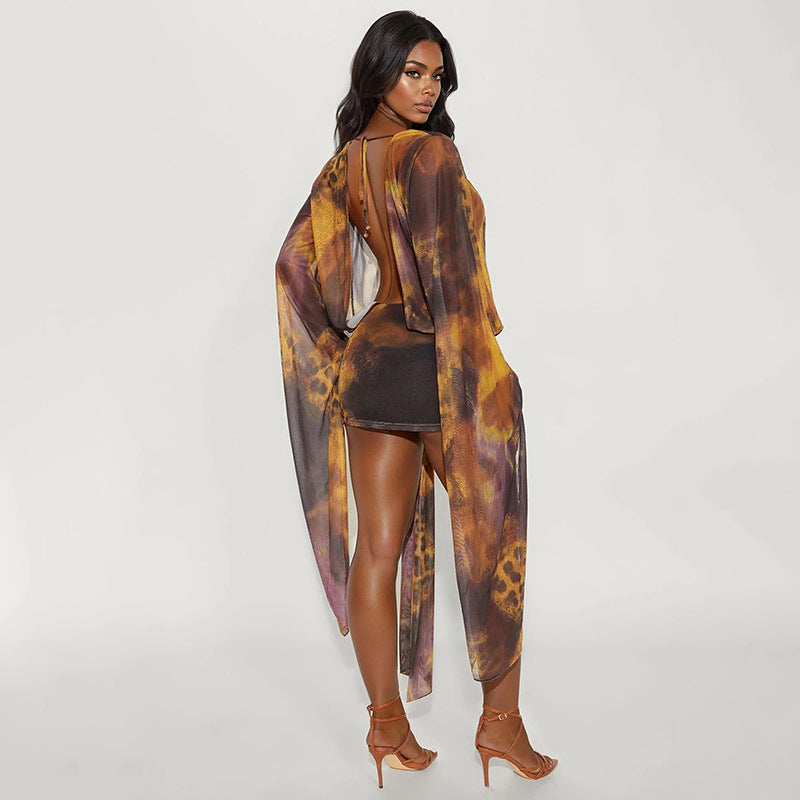 Deep V-Neck Printed Bodycon Mini Dress - Long Sleeve Backless Ruched Asymmetric Party Dress