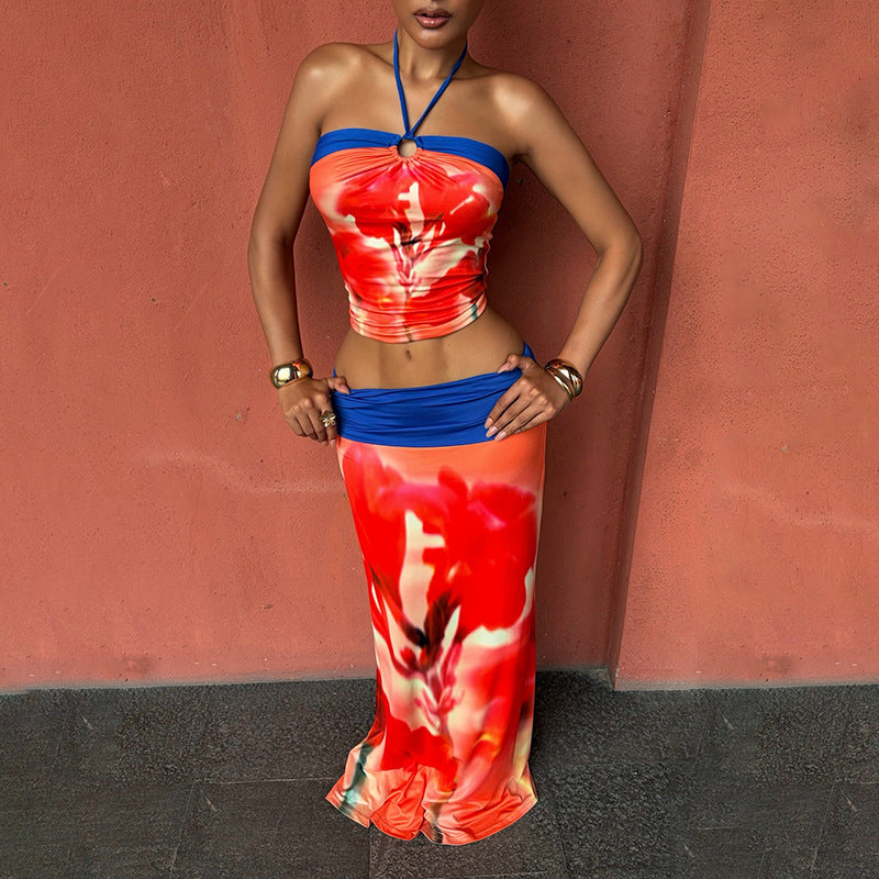 Red Floral Halter Crop Top & Maxi Skirt Set - Color Block Ring Tie 2-Piece Set