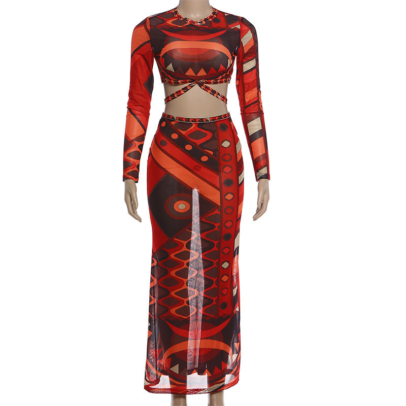 Women's Printed Two-Piece Skirt Set – Long Sleeve Crop Top & Maxi Skirt