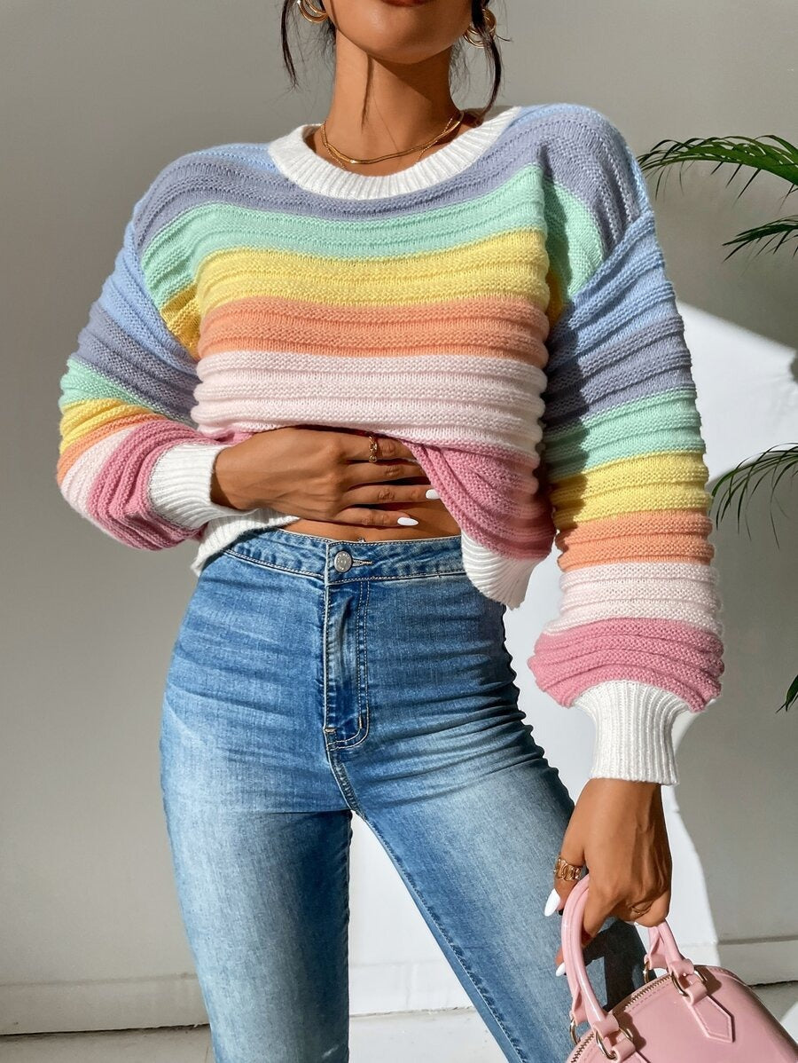 Cropped Striped Lantern Sleeve Sweater