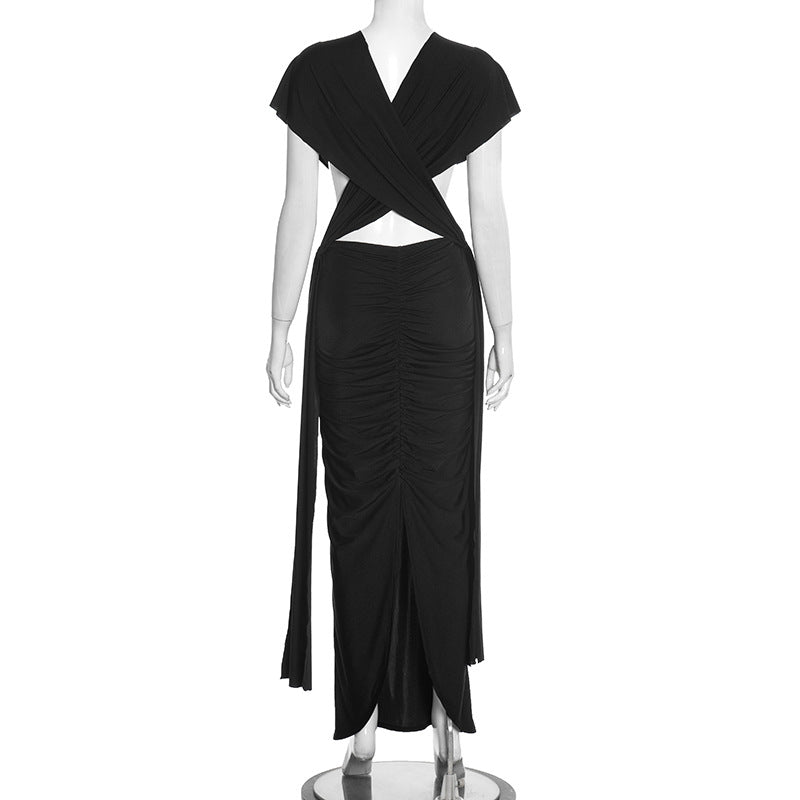 Women’s V-Neck Cutout Bodycon Midi Dress – Slim Fit Pleated Hollow-Out Party Dress