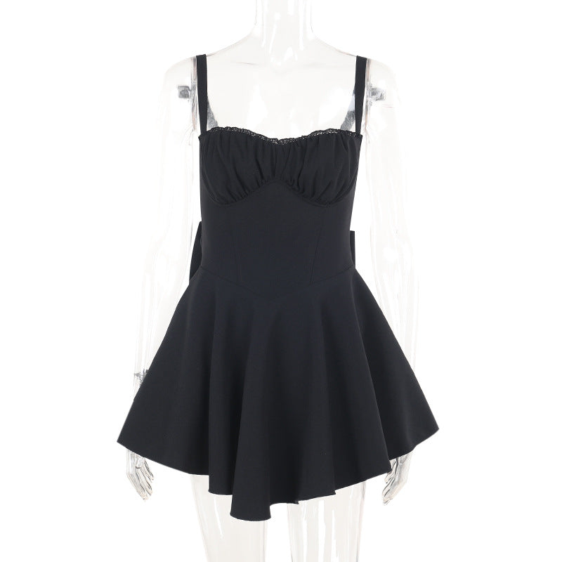 Black Bow Slip Dress - Ruched Spaghetti Strap Bodycon Mini