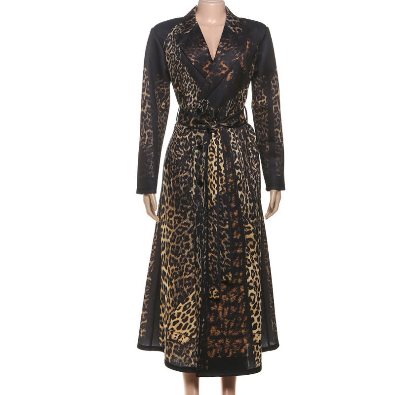 Women’s Leopard Print Belted Trench Coat – Casual Extra-Long Animal Print Coat