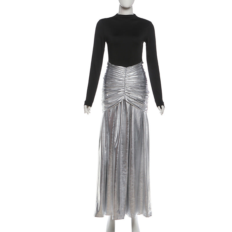 Women’s Color Block Maxi Dress – Mock Neck Ruched Waist Long Sleeve