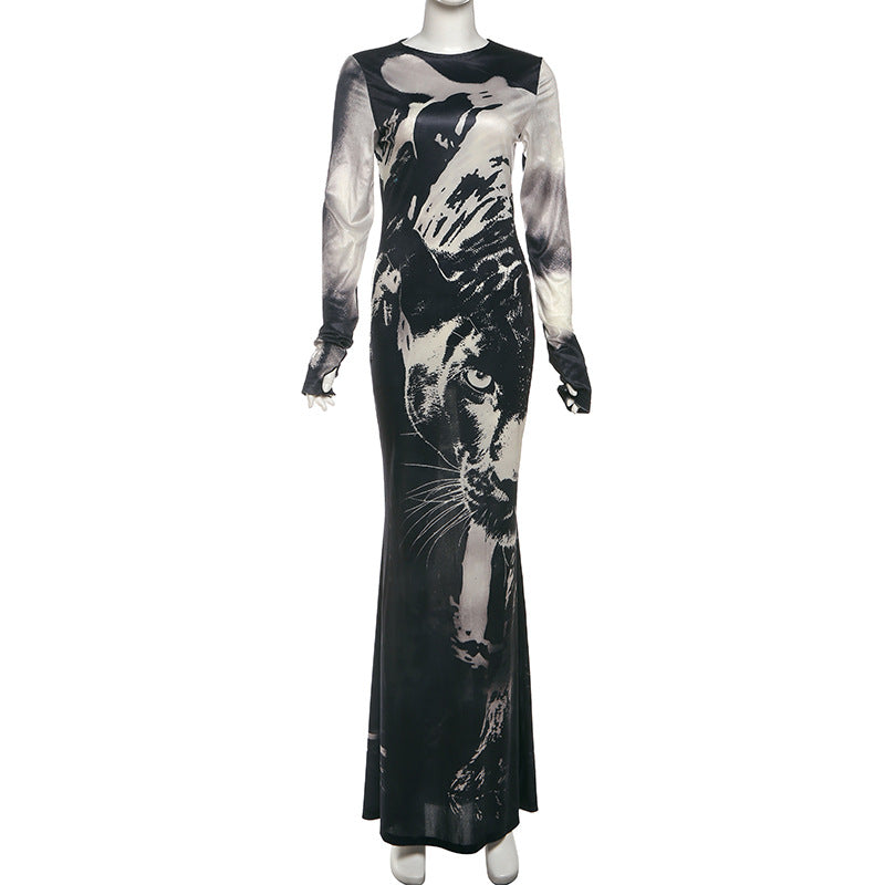 Elegant Printed Long-Sleeve Maxi Dress