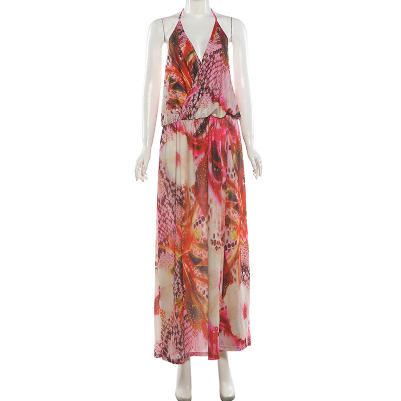 Women's Halter Backless Maxi Dress – Sexy V-Neck Split A-Line Summer Dress