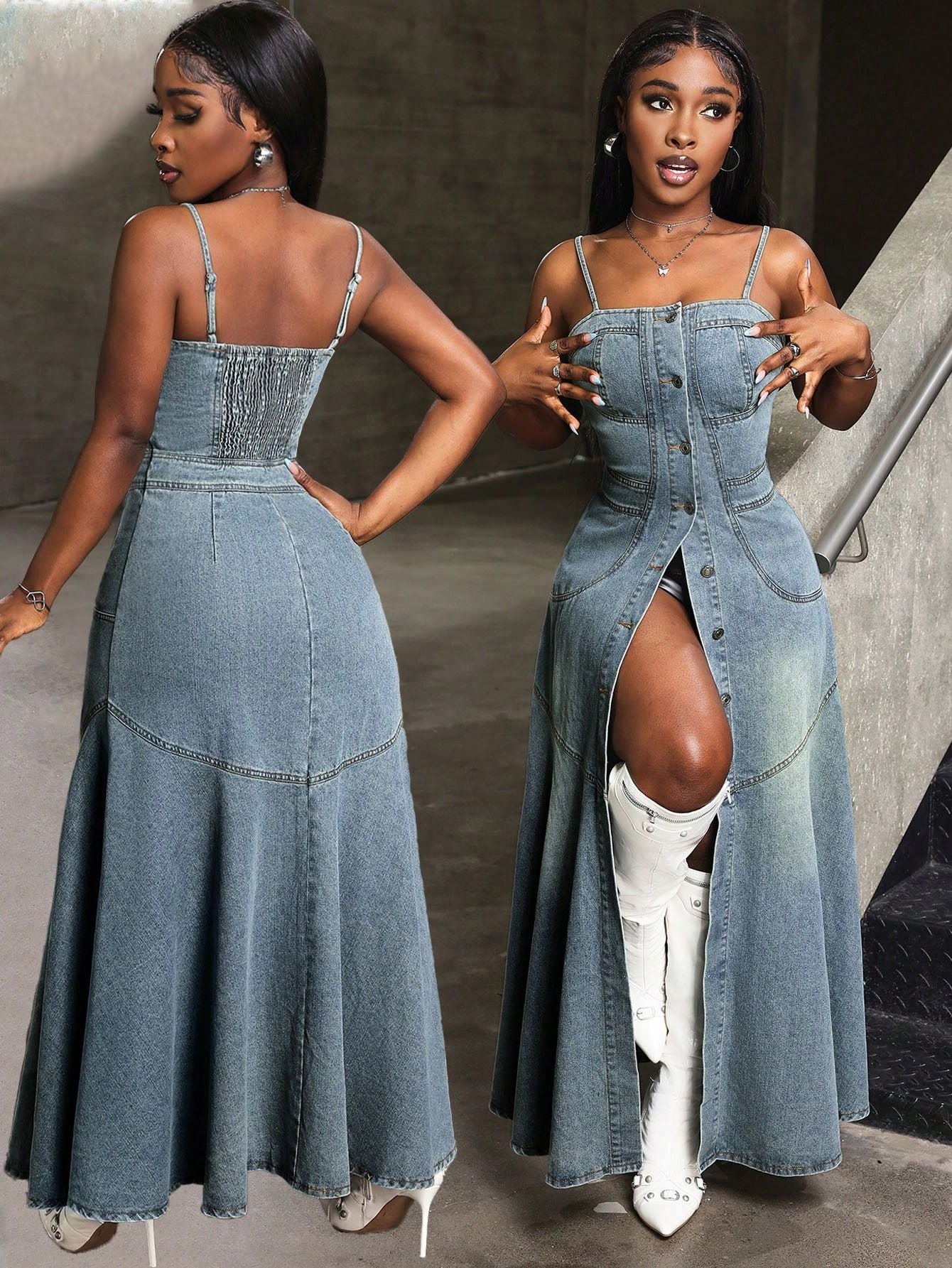 Slim Fit Spaghetti Strap Denim Maxi Dress – Summer Style