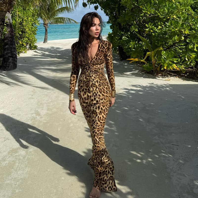 Leopard Print Maxi Dress: Long Sleeve Twist Front Bodycon Gown