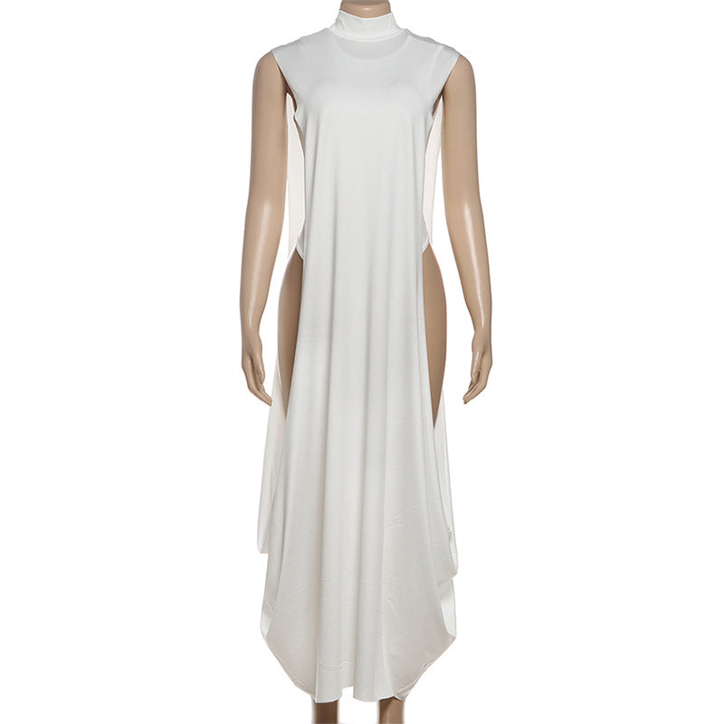 Women’s White Slim Fit Sleeveless Maxi Dress – Turtleneck A-Line Party Two-Piece Set