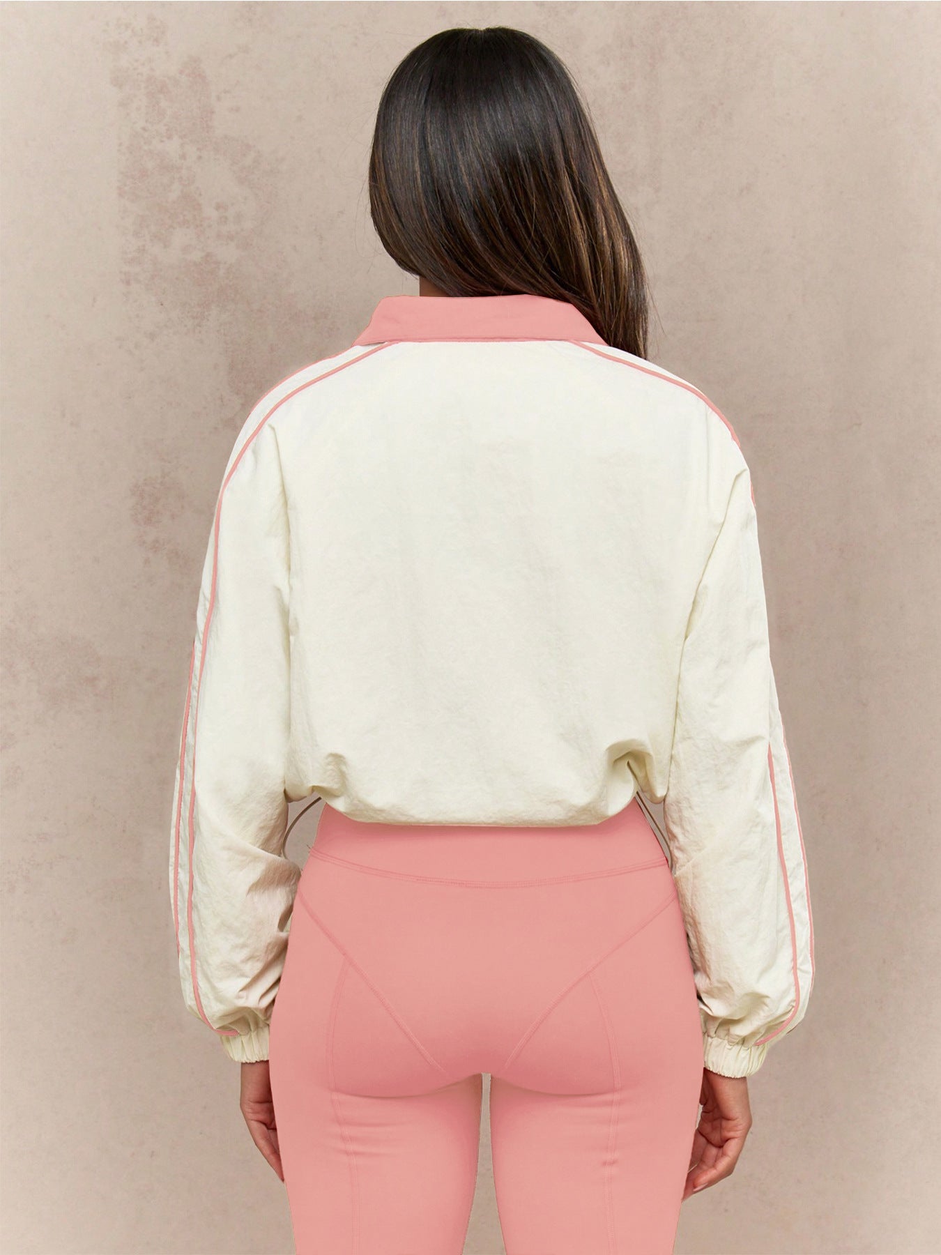 Women’s Color Block Nylon Two-Piece Set – Zip-Up Top and High-Waist Yoga Pants