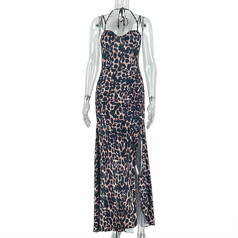 Leopard Print Corset Halter Split Maxi Dress | Backless Ruched Bodycon Formal Dress | Sizes S-L